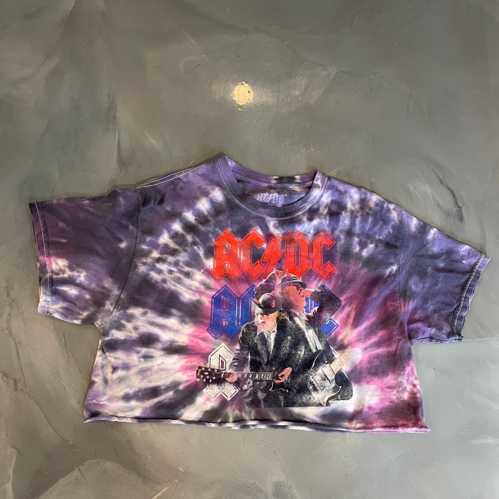 AC/DC Graphic Crop Top Purple Pink Tie Dye Rock Band Tee Womens Size M/L Grunge